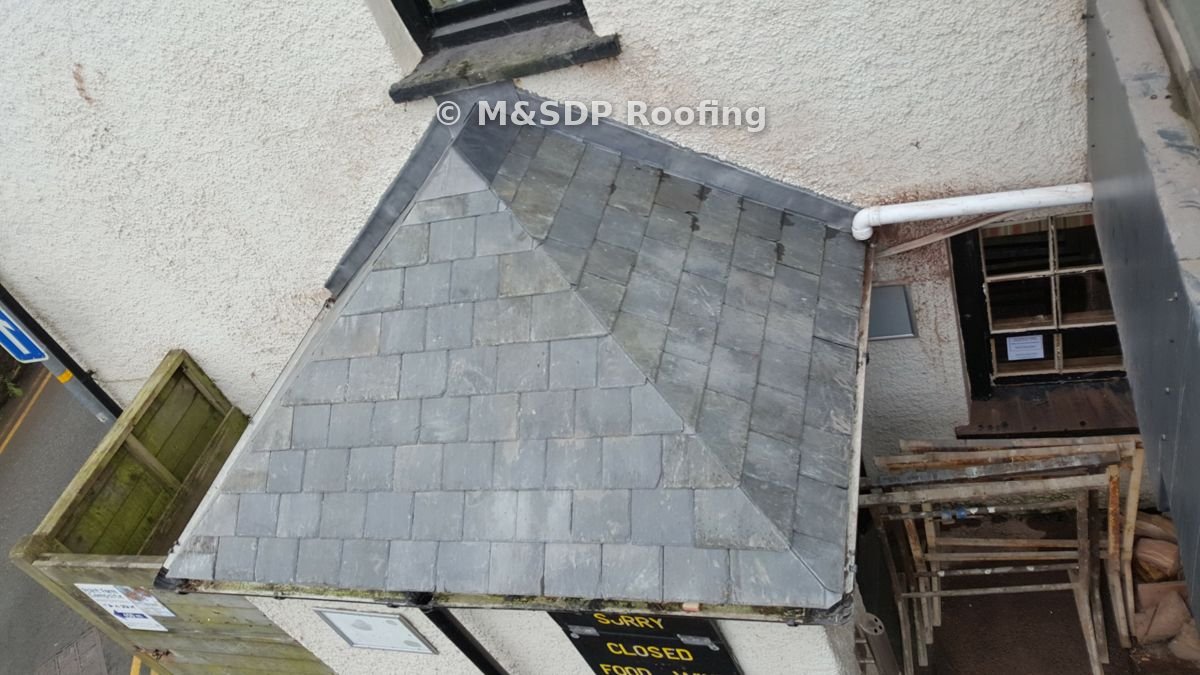 Finished slate porch roof seen from above